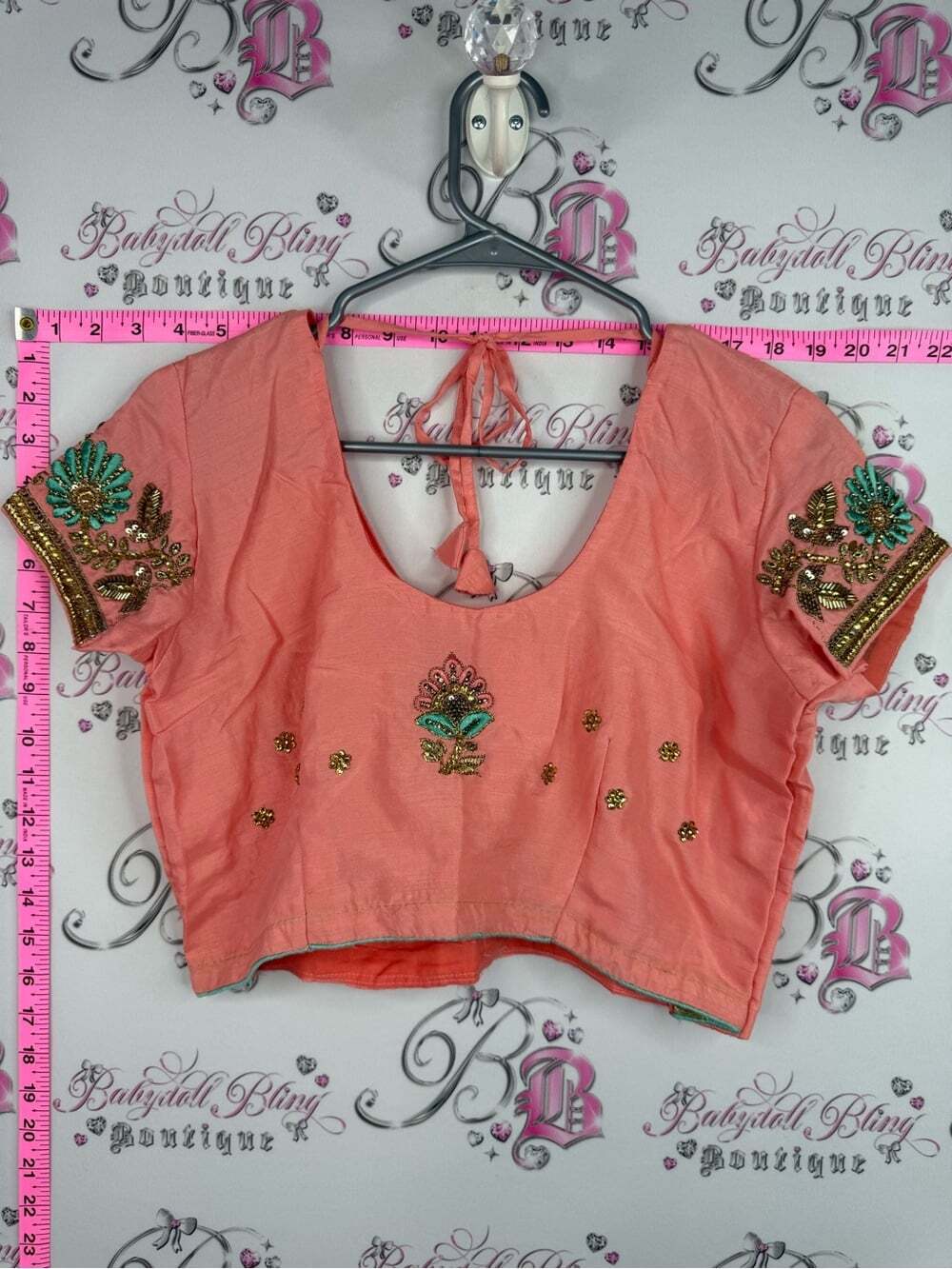 Coral Embroidered Crop Top with Tie-Back beads